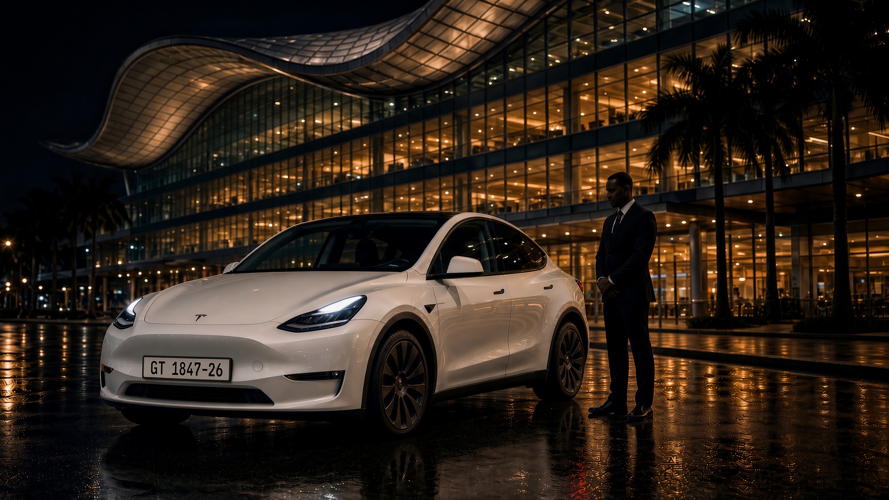 Tesla Model Y waiting at Accra International Airport Terminal 3