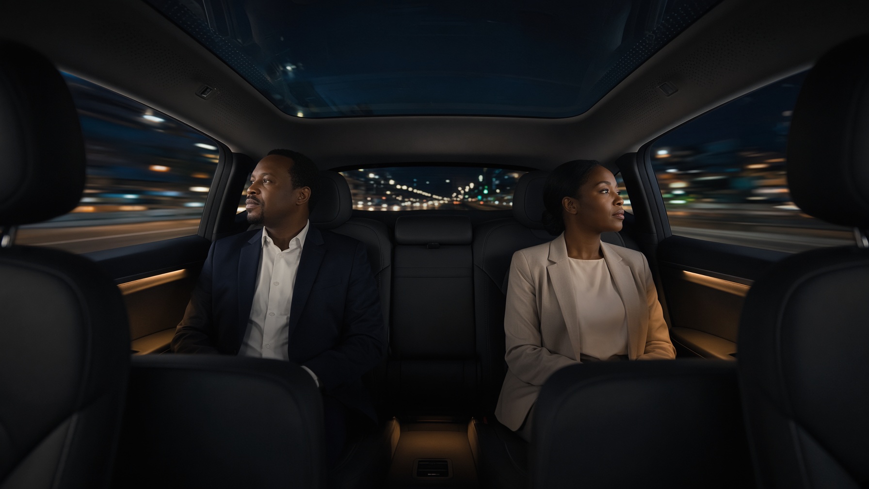 Passengers in a Tesla cabin leaving Accra Airport at night