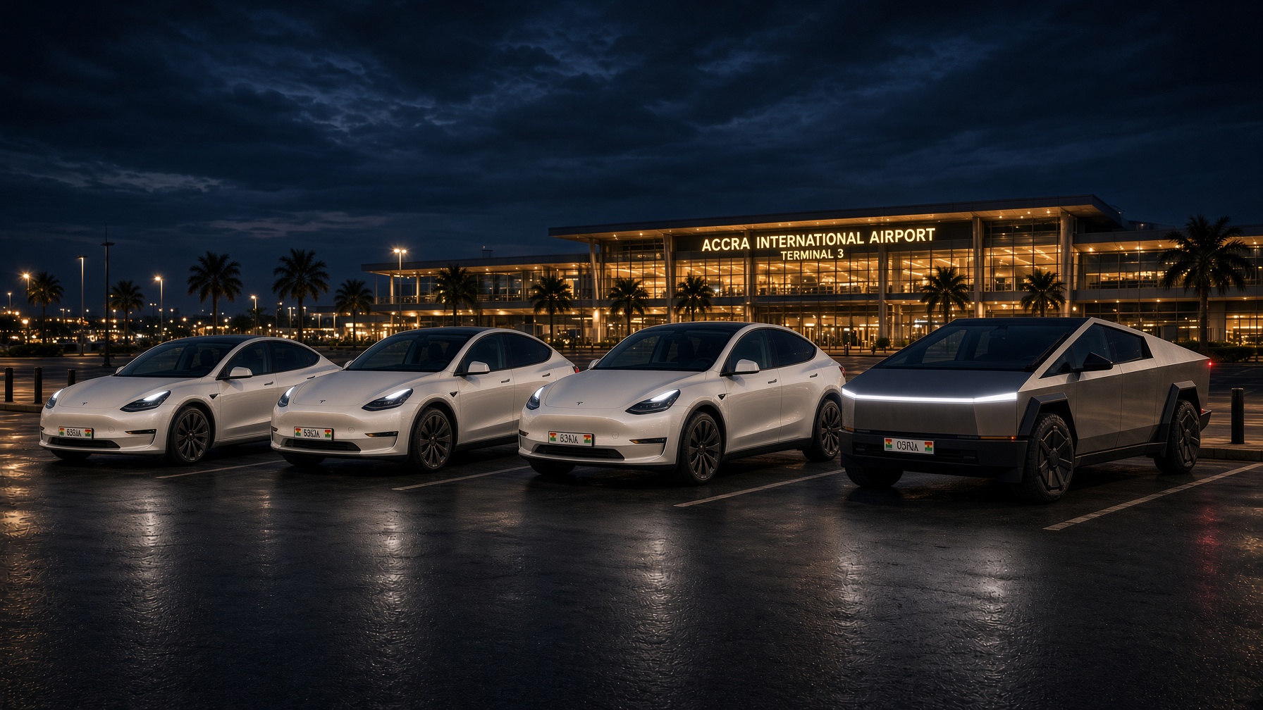 MARSIEV Tesla fleet at Accra International Airport parking at night